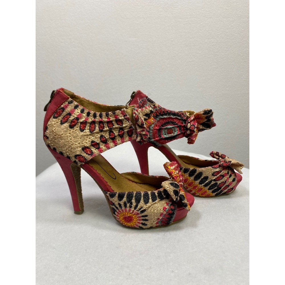 Women's Pink Tan Tribal Print Stiletto Heels Sandals Open Toe Bow Ankle Strap